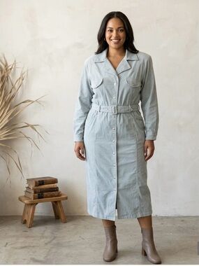 QPS Corduroy Light Blue Long Sleeve Dress W/Belt Vintage Shoulder Pads Size 18